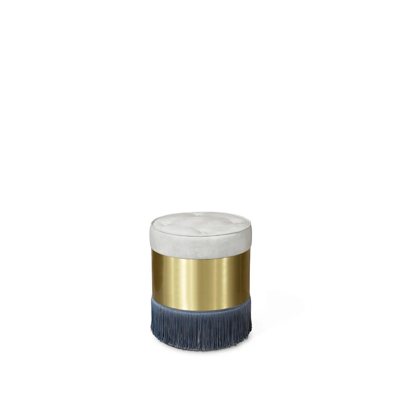 Olivia Fabric Stool with white top, gold band, and blue fringe, adding a stylish accent to the room.