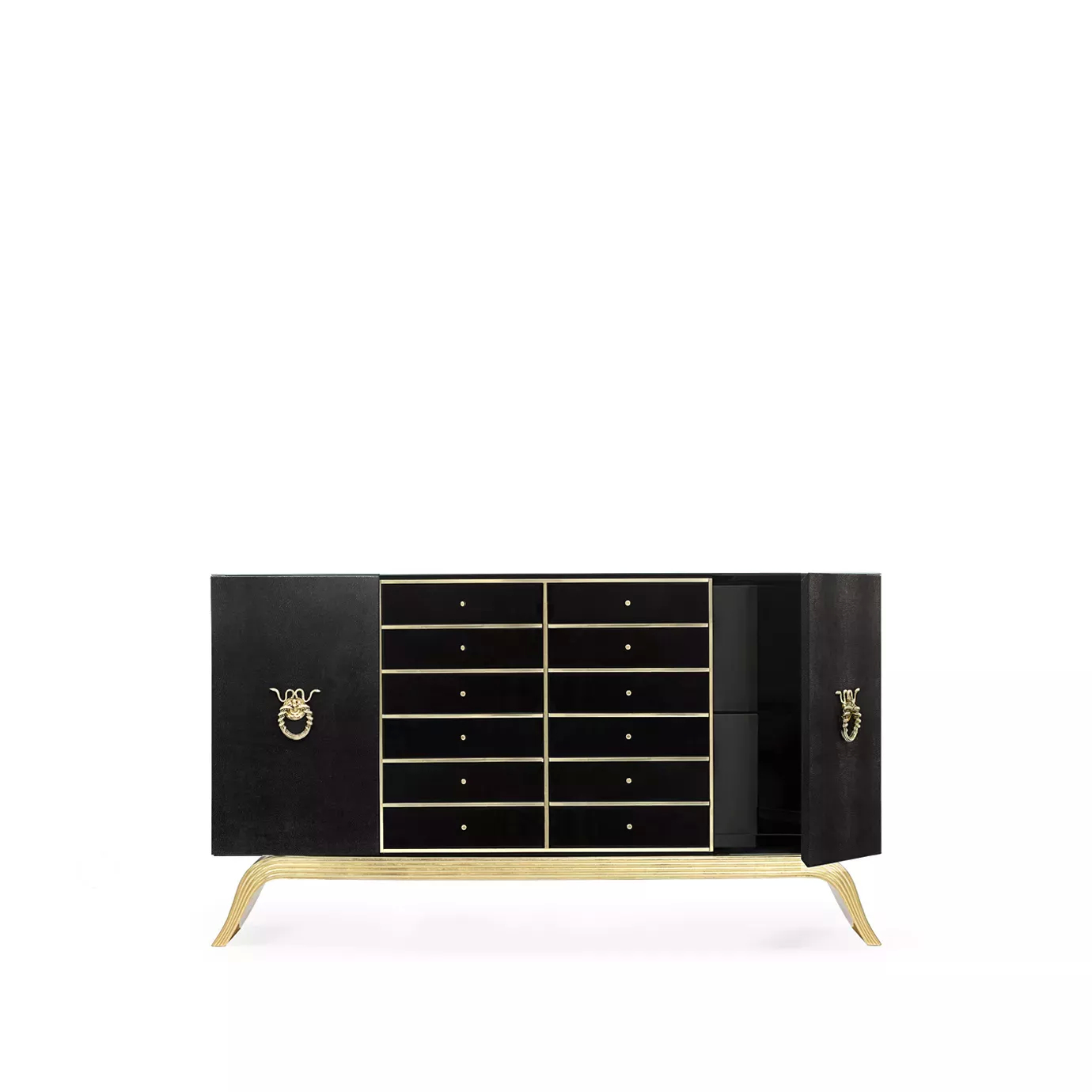 Partially open black and gold Sinful Cabinet showing internal drawers.