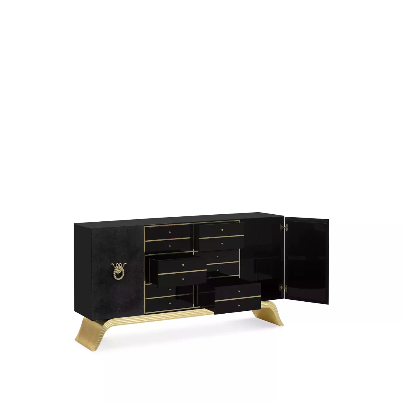 Black and gold Sinful Cabinet with open drawers, showcasing interior.