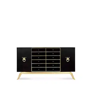 Black and gold Sinful Cabinet with elegant drawers and handles.