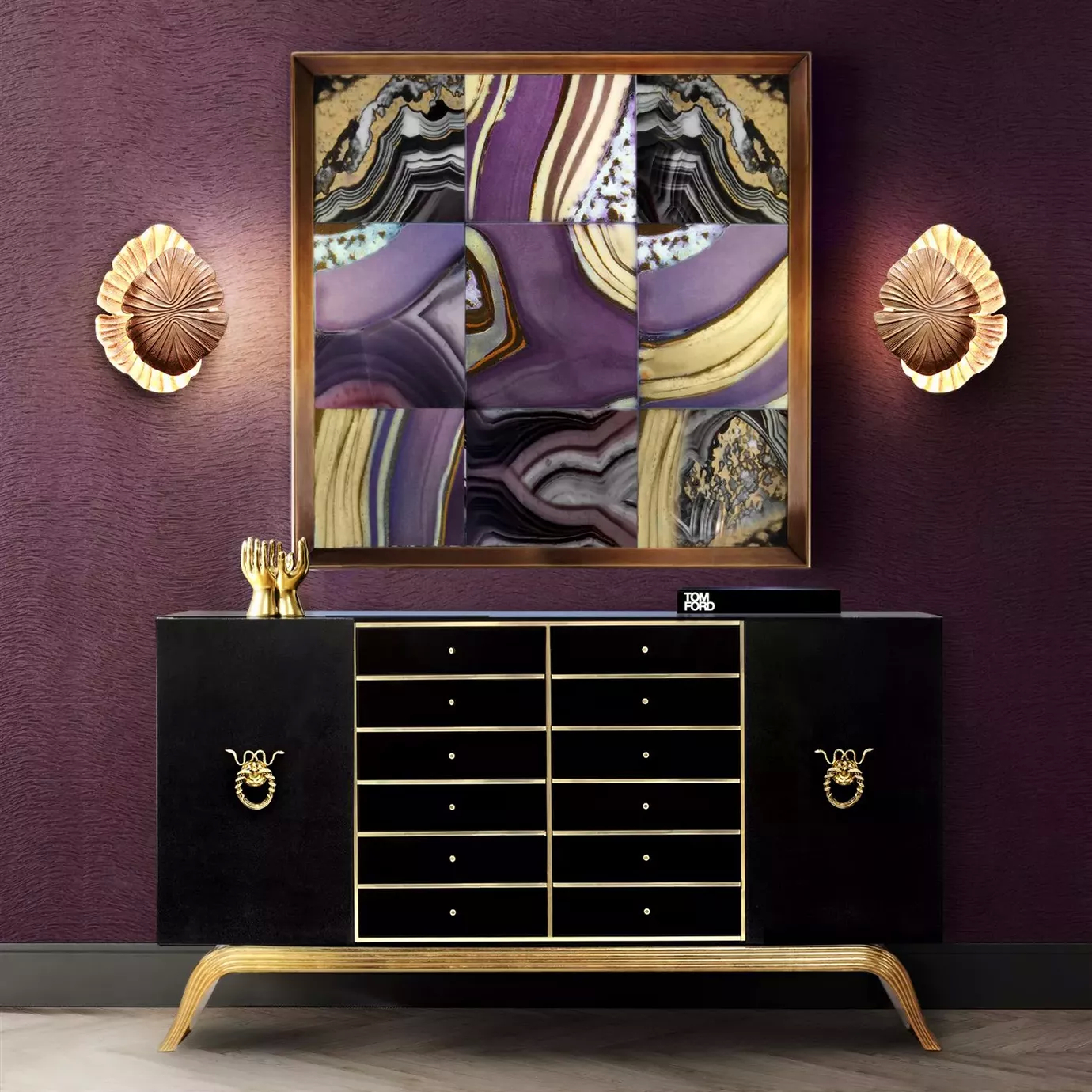 Black and gold Sinful Cabinet in elegant purple setting with art.