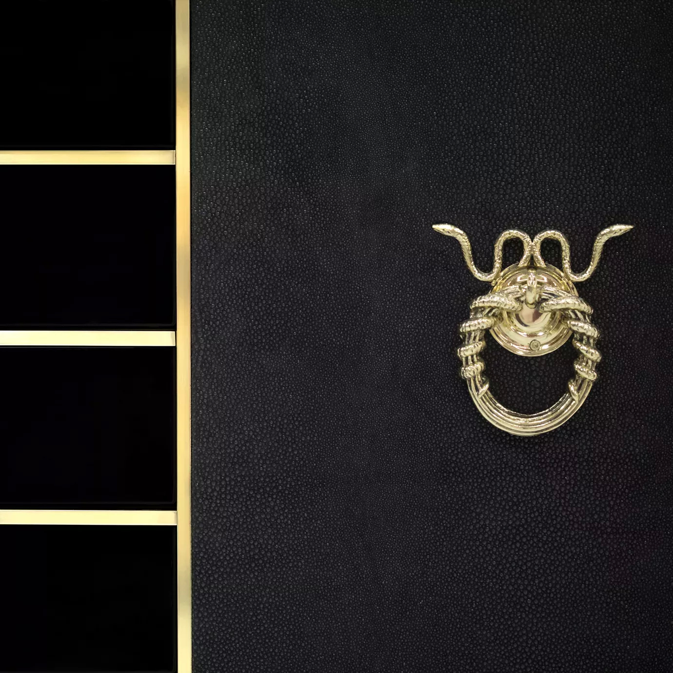 Detail of the black door of the Sinful Cabinet with golden snake handle.