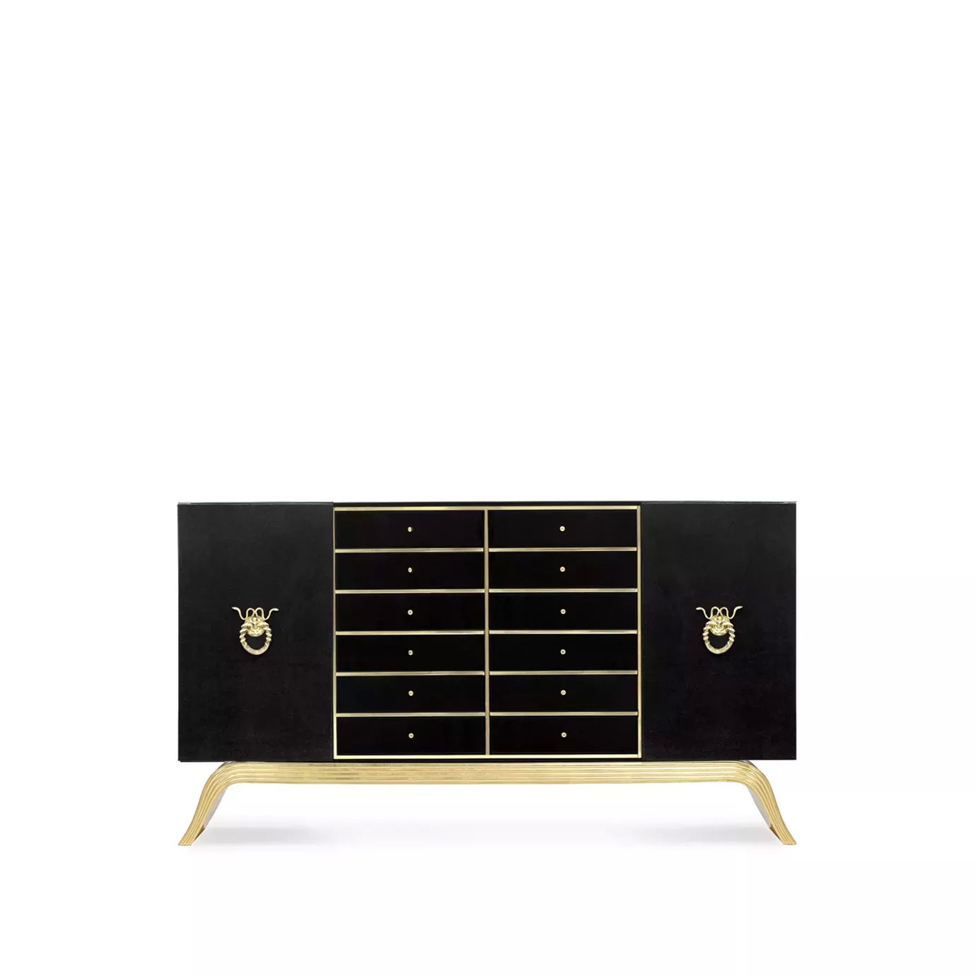 Black and gold Sinful Cabinet with elegant drawers and handles.
