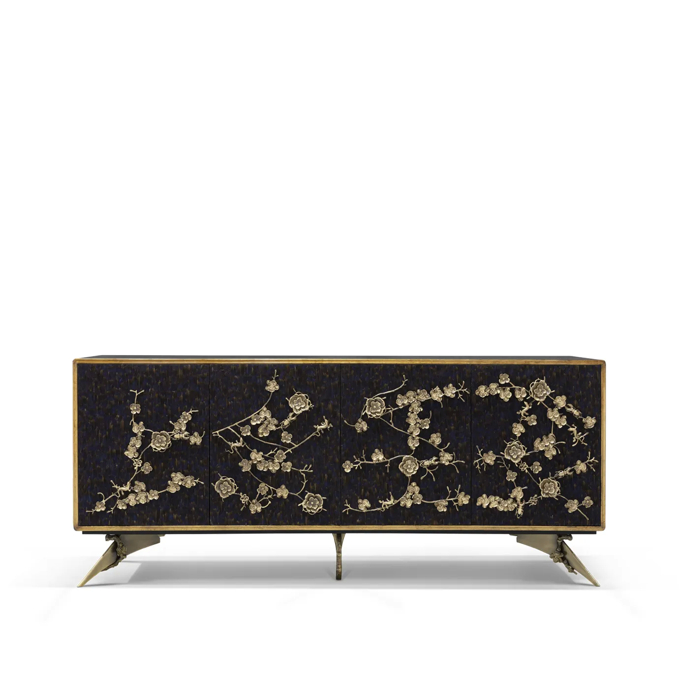 The Spellbound Purple Feather Cabinet's structure is adorned with purple peacock feathers ornamented with elegant golden flower-shaped details along the four front doors.