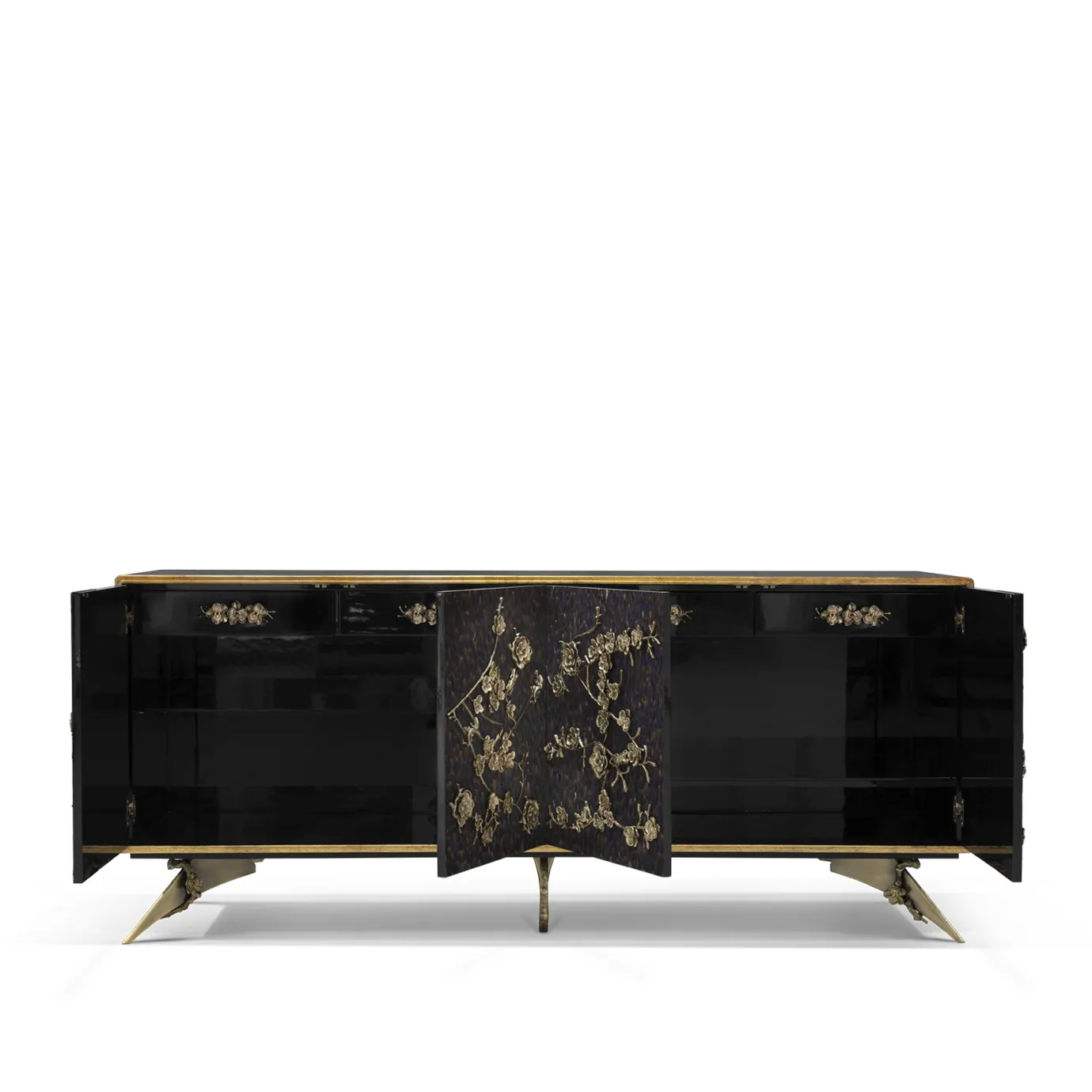 Inside view of the Spellbound Purple Feather Cabinet, showcasing its four drawers and shelves. Its front doors are adorned with purple feathers ornamented with elegant golden flower-shaped details.