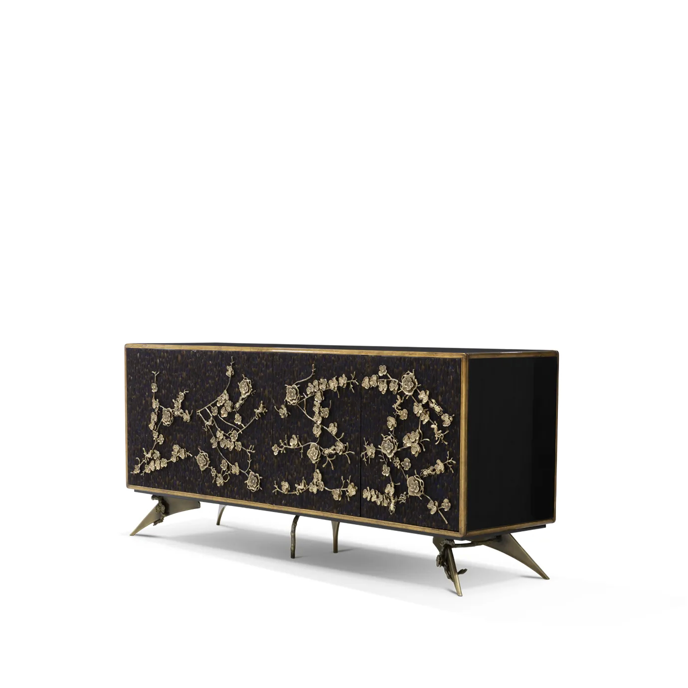 Slight turned vision of the Spellbound Purple Feather Cabinet, featuring a structure adorned in luxurious purple peacock feathers, a golden frame and golden flower-shaped details on its doors.