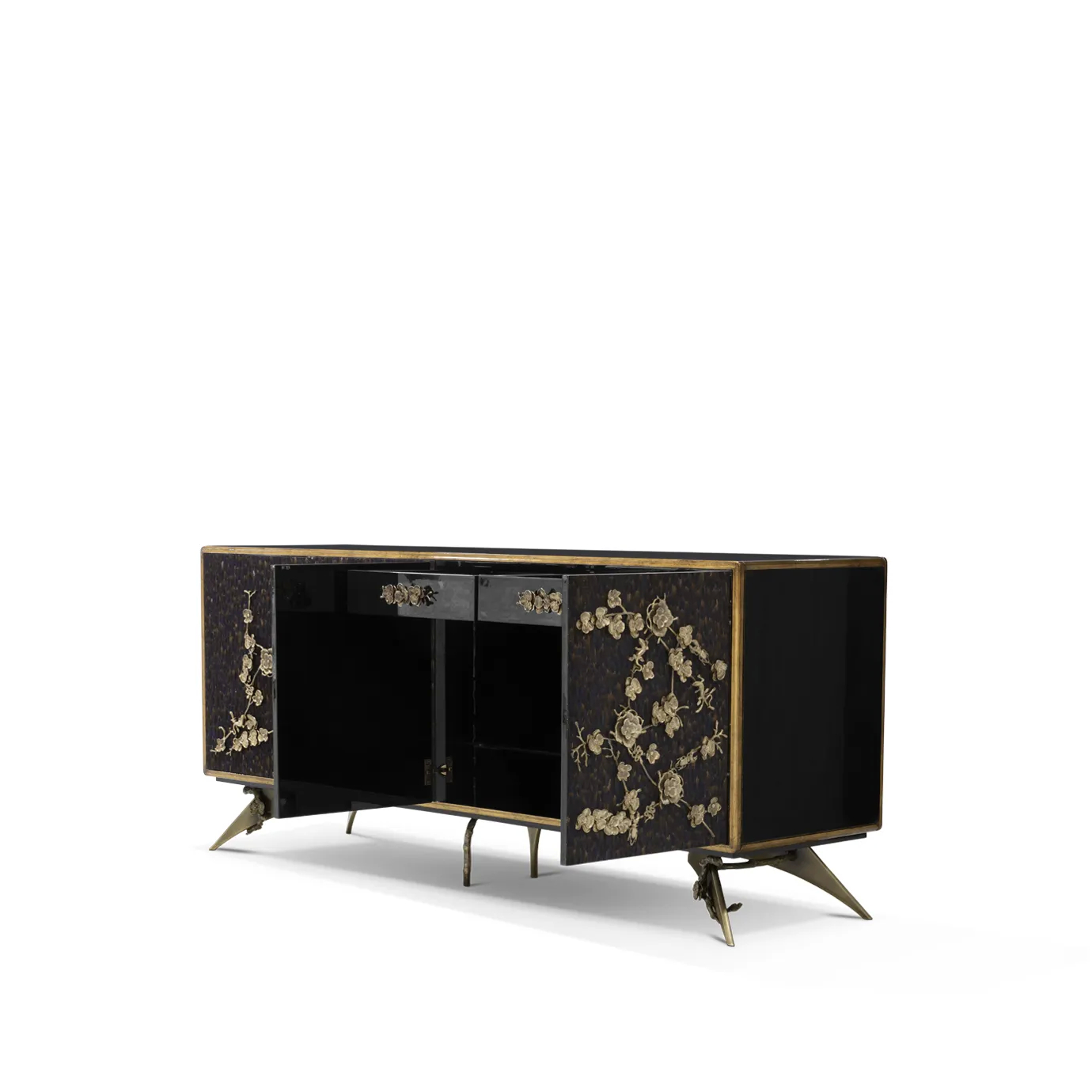 Slight turned vision of the Spellbound Purple Feather Cabinet, showcasing its drawers and shelves in the interior. Its front doors are adorned with purple feathers ornamented with elegant golden flower-shaped details.
