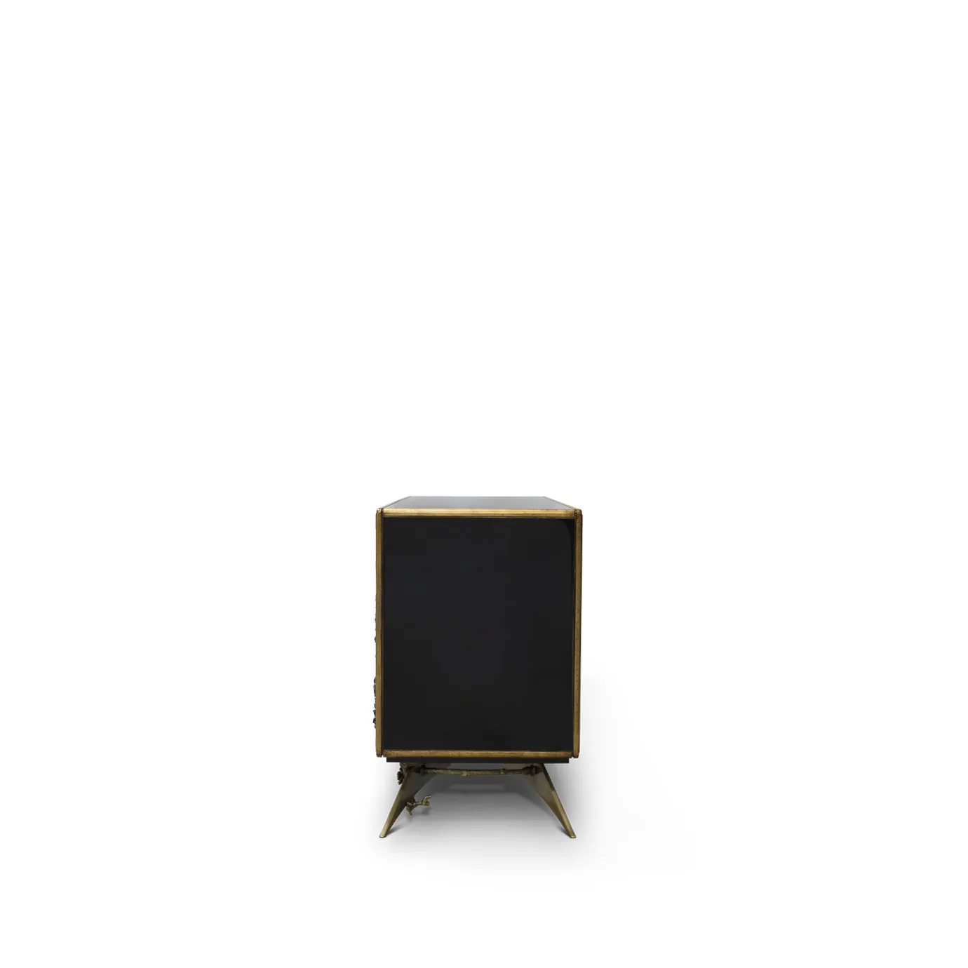 Side view of the Spellbound Purple Feather Cabinet, showcasing its golden frame and feet, contrasting with the dark structure