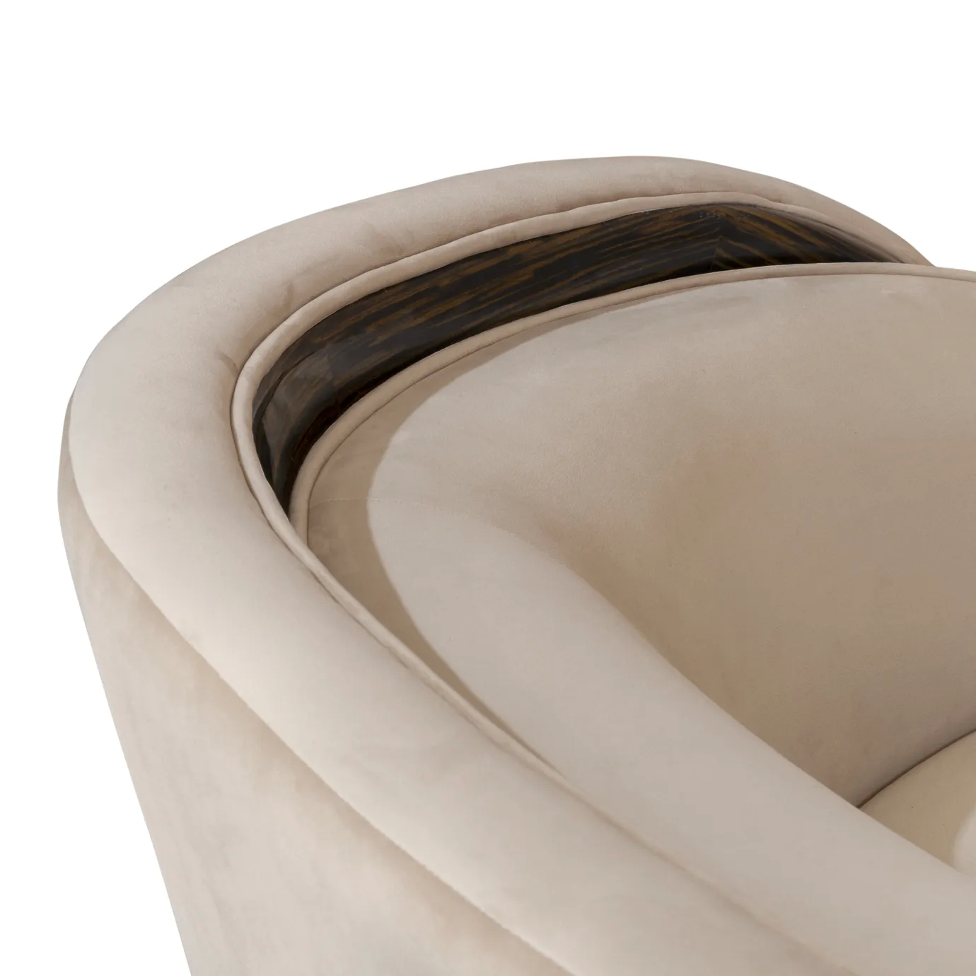 Detail view of Sultana sofa arm, highlighting its elegant curves, luxurious upholstery, and sophisticated finish.