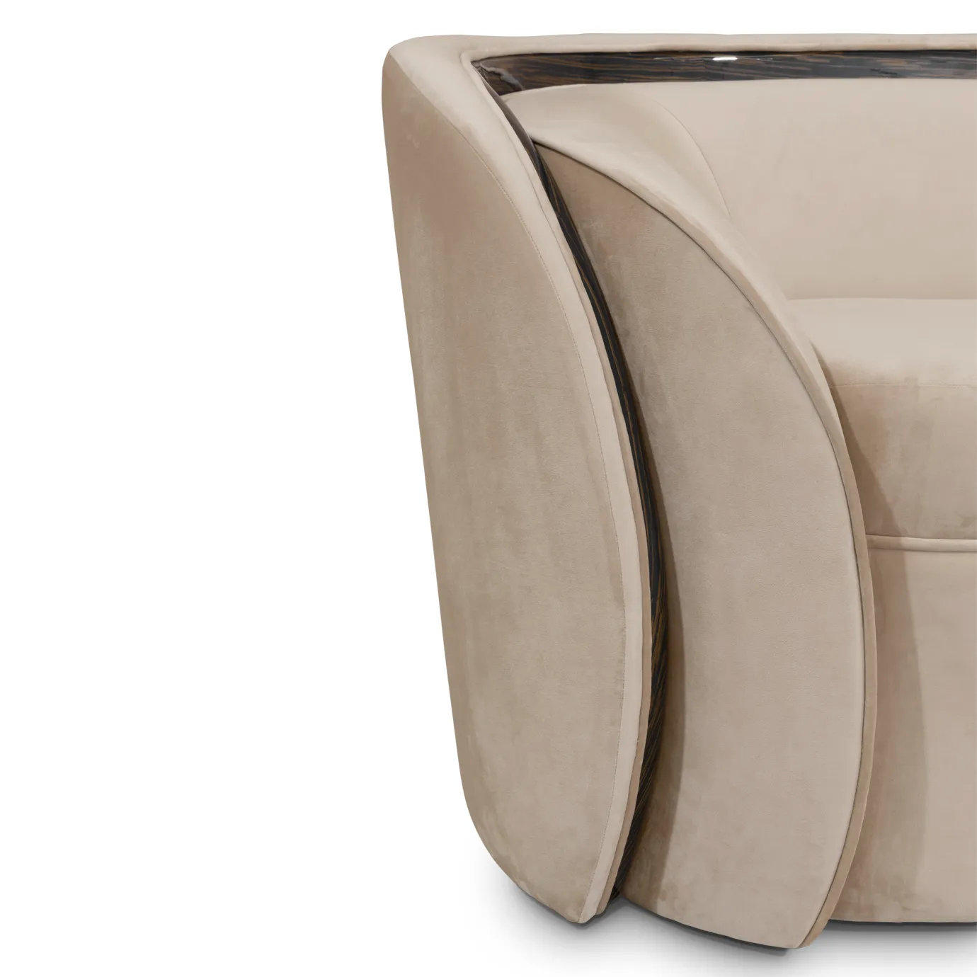 Close-up of Sultana sofa arm, emphasizing its refined curves, plush texture, and exquisite craftsmanship.