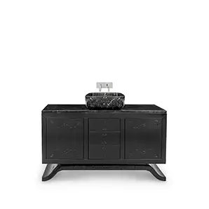 Front view of Metropolitan vanity cabinet featuring sleek black finish, gold accents, and a sophisticated design.