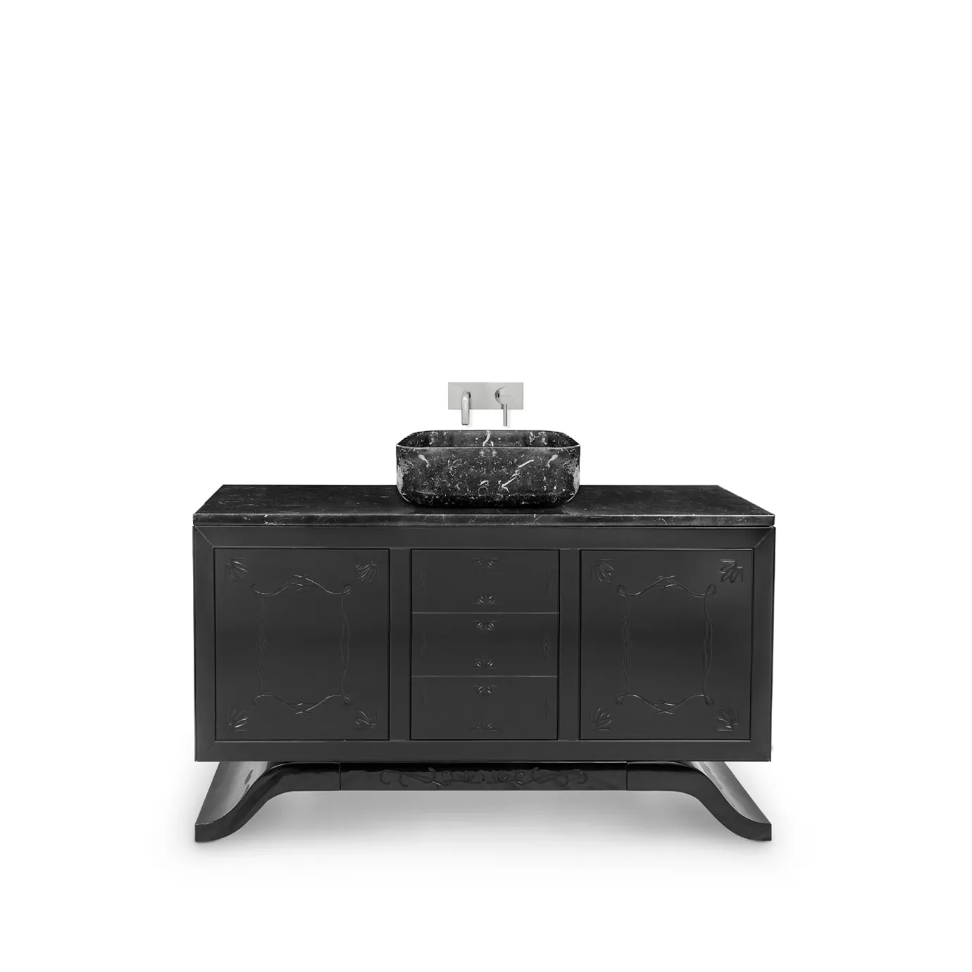 Front view of Metropolitan vanity cabinet featuring sleek black finish, gold accents, and a sophisticated design.