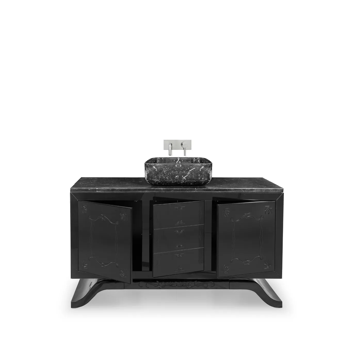 Close-up of the open doors of Metropolitan vanity cabinet, revealing the interior with sleek black finish and gold accents.