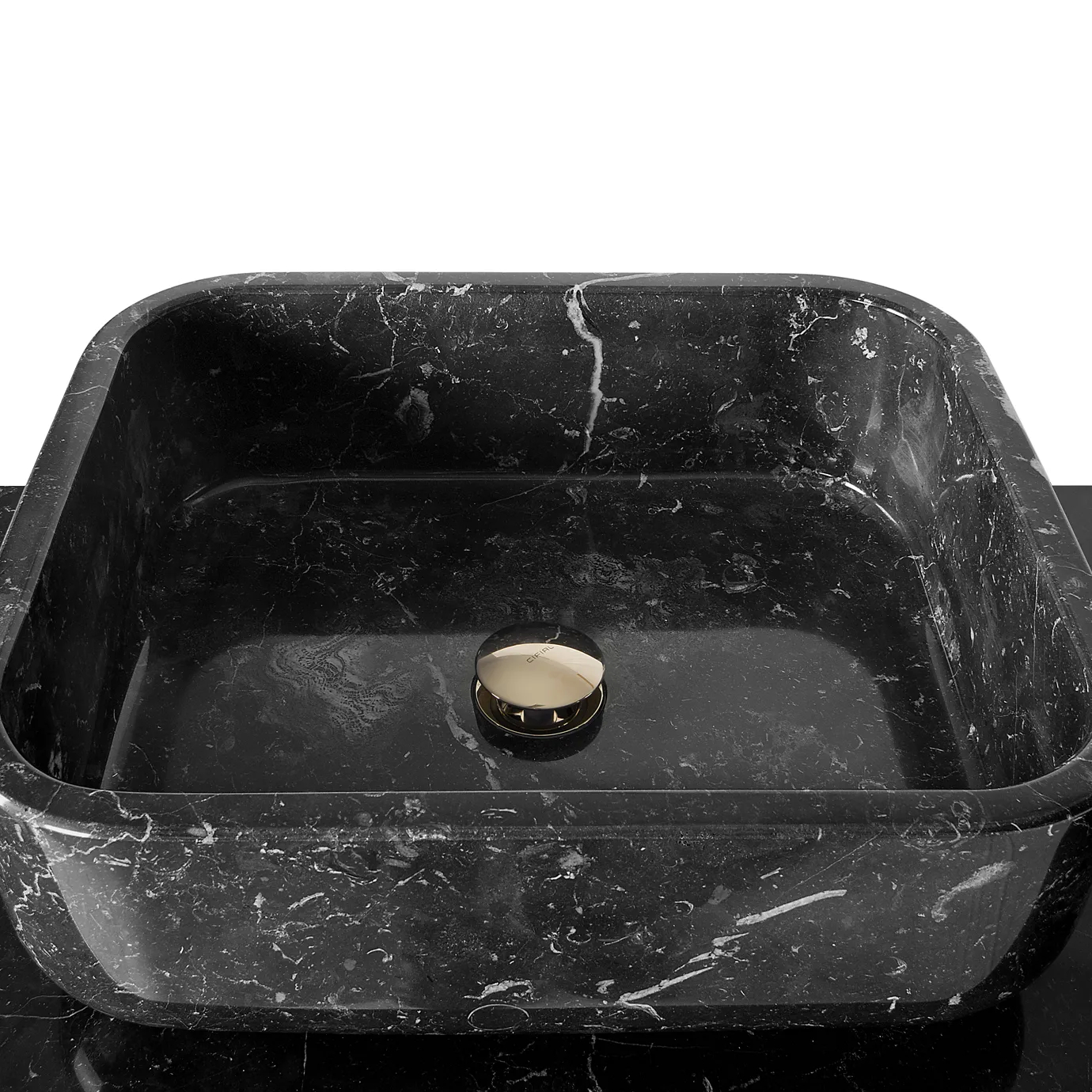 Close-up of the sink area of Metropolitan vanity cabinet, showcasing its elegant design and sleek surface.