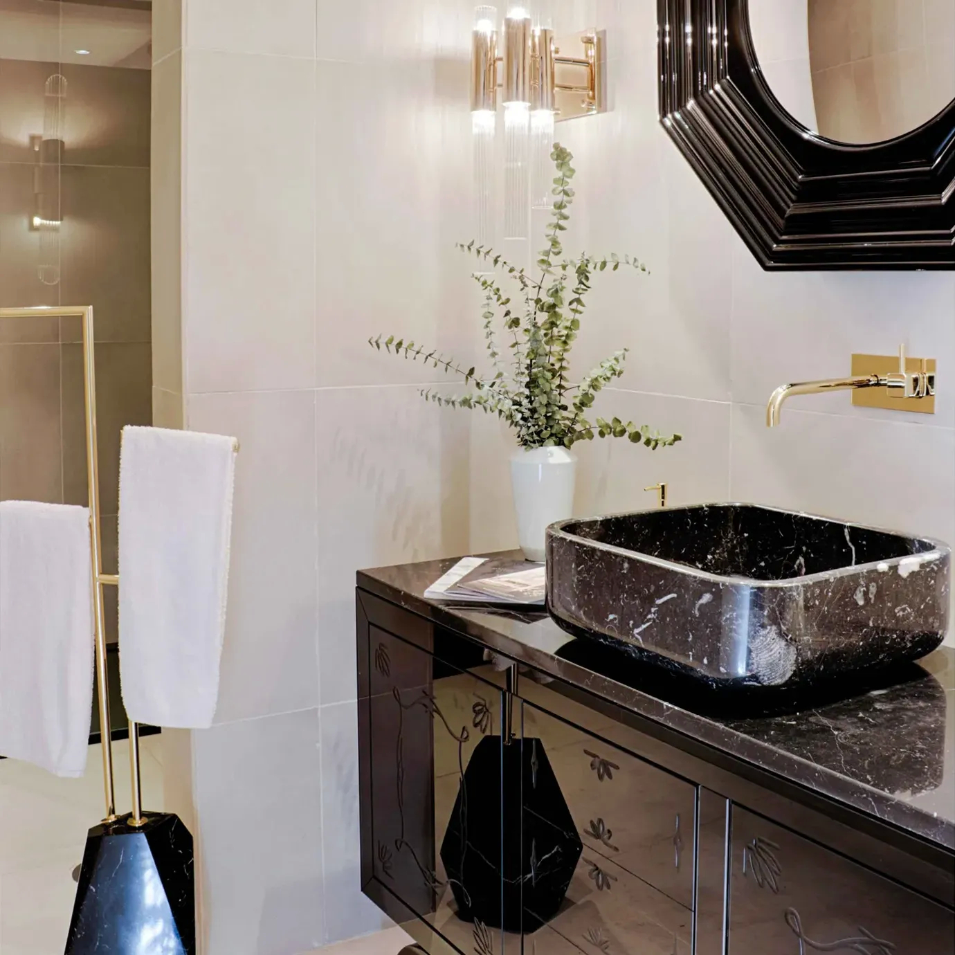 Close-up of the mirrored surface of Metropolitan vanity cabinet, showcasing its reflective finish and sleek design.