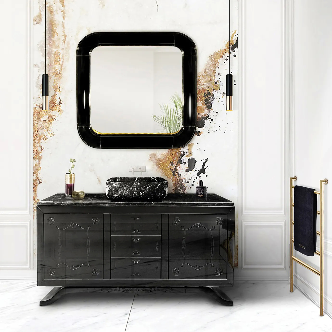 Metropolitan vanity cabinet with sleek black finish and gold accents, beautifully integrated into a luxurious bathroom design.