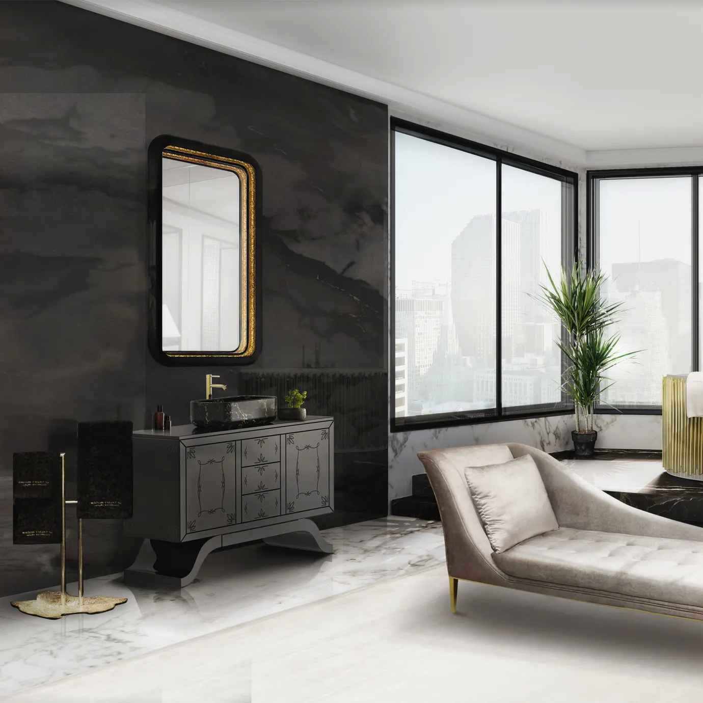Metropolitan vanity cabinet with black finish and gold accents, featured in a spacious, luxurious bathroom setting.