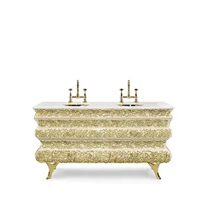 Crochet vanity cabinet with textured drawer fronts, gold accents, and elegant mirrored surfaces.