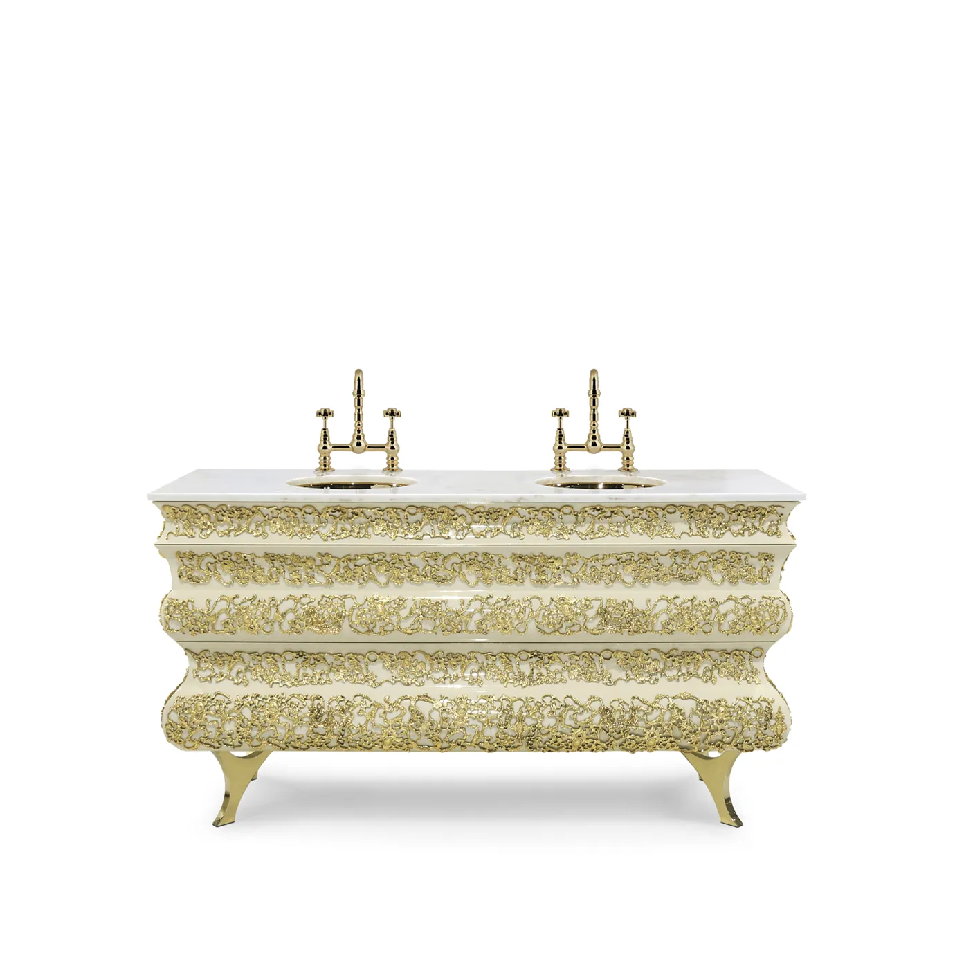 Crochet vanity cabinet with textured drawer fronts, gold accents, and elegant mirrored surfaces.