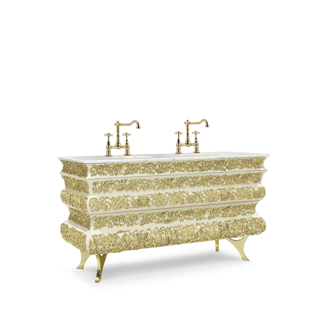 Side view of Crochet vanity cabinet with textured drawer fronts, gold accents, and mirrored surfaces.