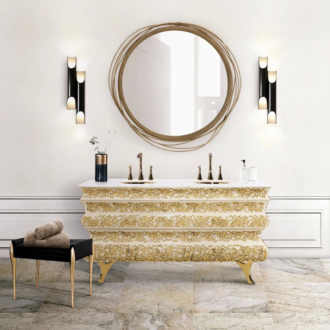 Crochet vanity cabinet with textured drawers and gold accents, styled in a chic and modern bathroom setting.
