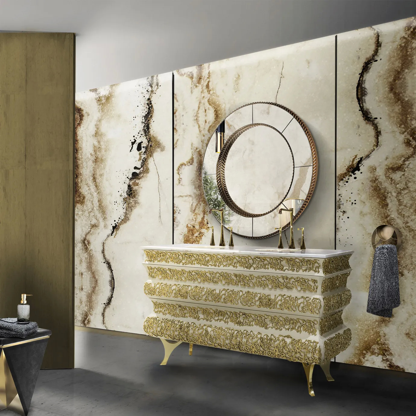Crochet vanity cabinet with textured drawers, gold accents, and mirrored surfaces, showcased in a luxurious bathroom setting.