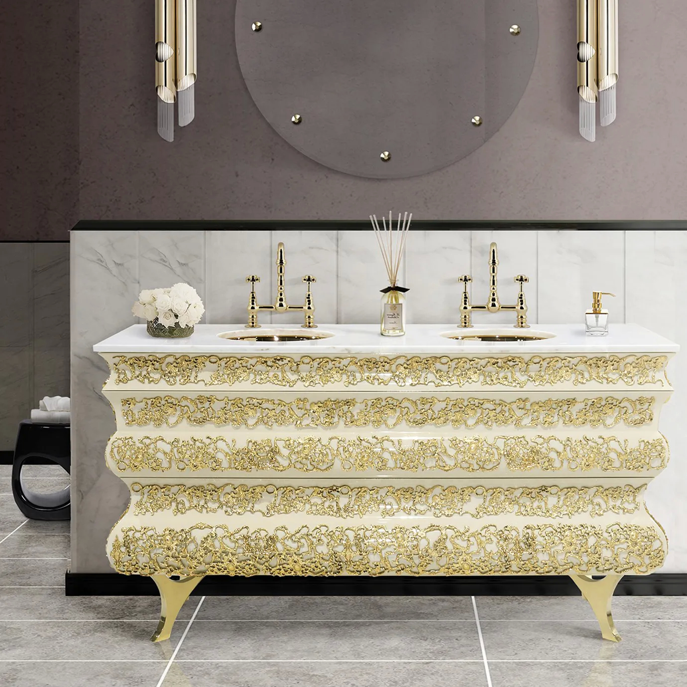 Crochet vanity cabinet with textured drawers and gold accents, beautifully styled in an elegant, modern bathroom.