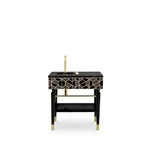 Tortoise single vanity cabinet with tortoiseshell finish, sleek gold accents, and elegant design.