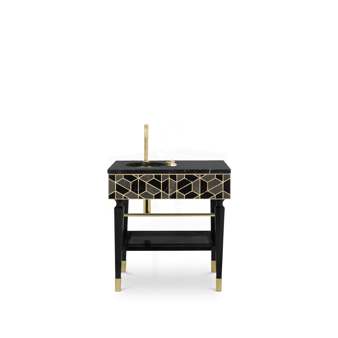 Tortoise single vanity cabinet with tortoiseshell finish, sleek gold accents, and elegant design.