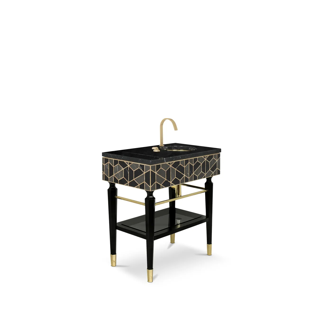 Side view of Tortoise single vanity cabinet showcasing its tortoiseshell finish and gold accents.