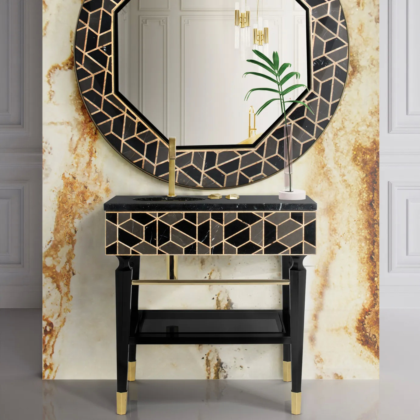 Tortoise single vanity cabinet with tortoiseshell finish and gold accents, styled in a luxurious modern bathroom.