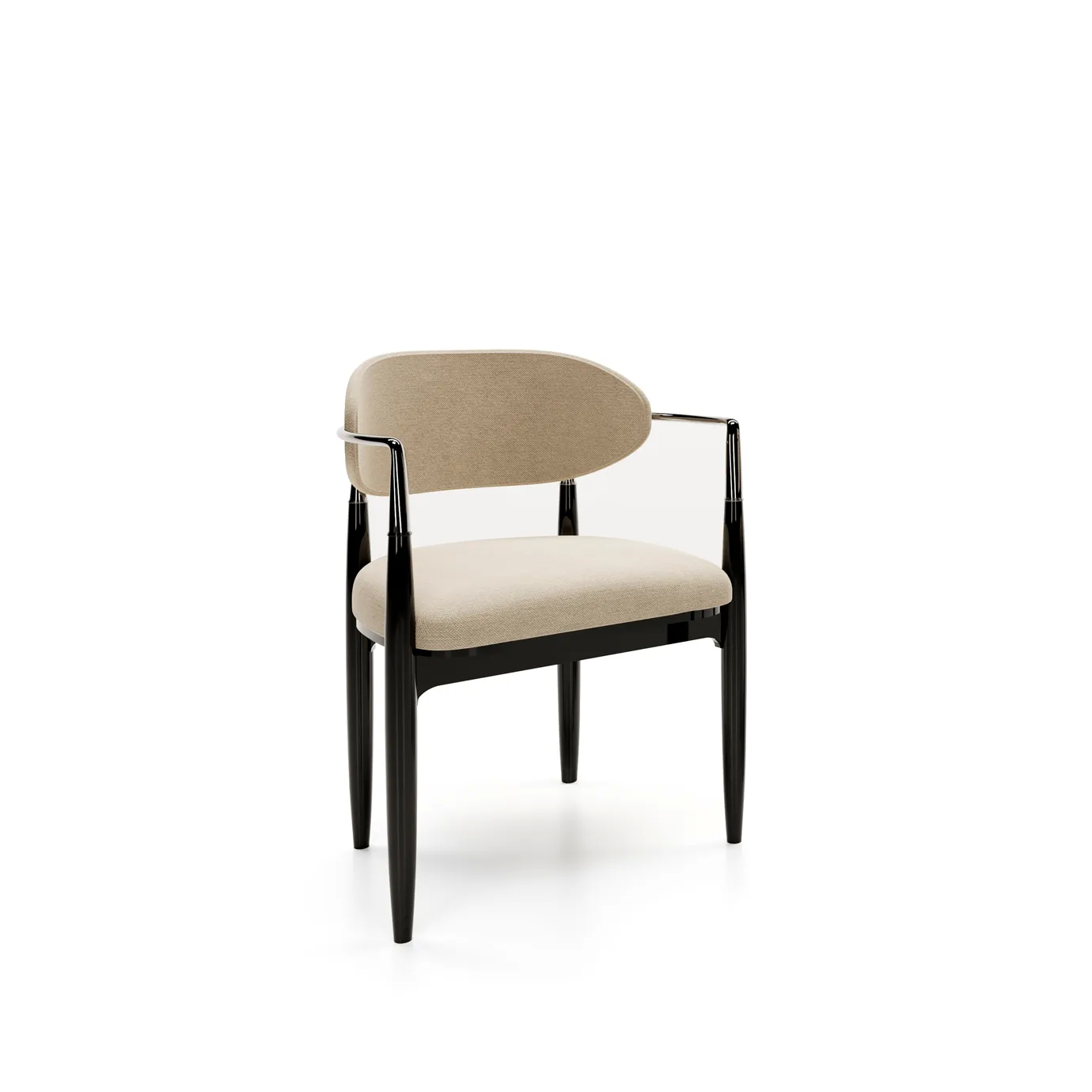 Nahéma Chair features a black frame contrasted by cream velvet upholstery and adorned with luxurious silver accents.