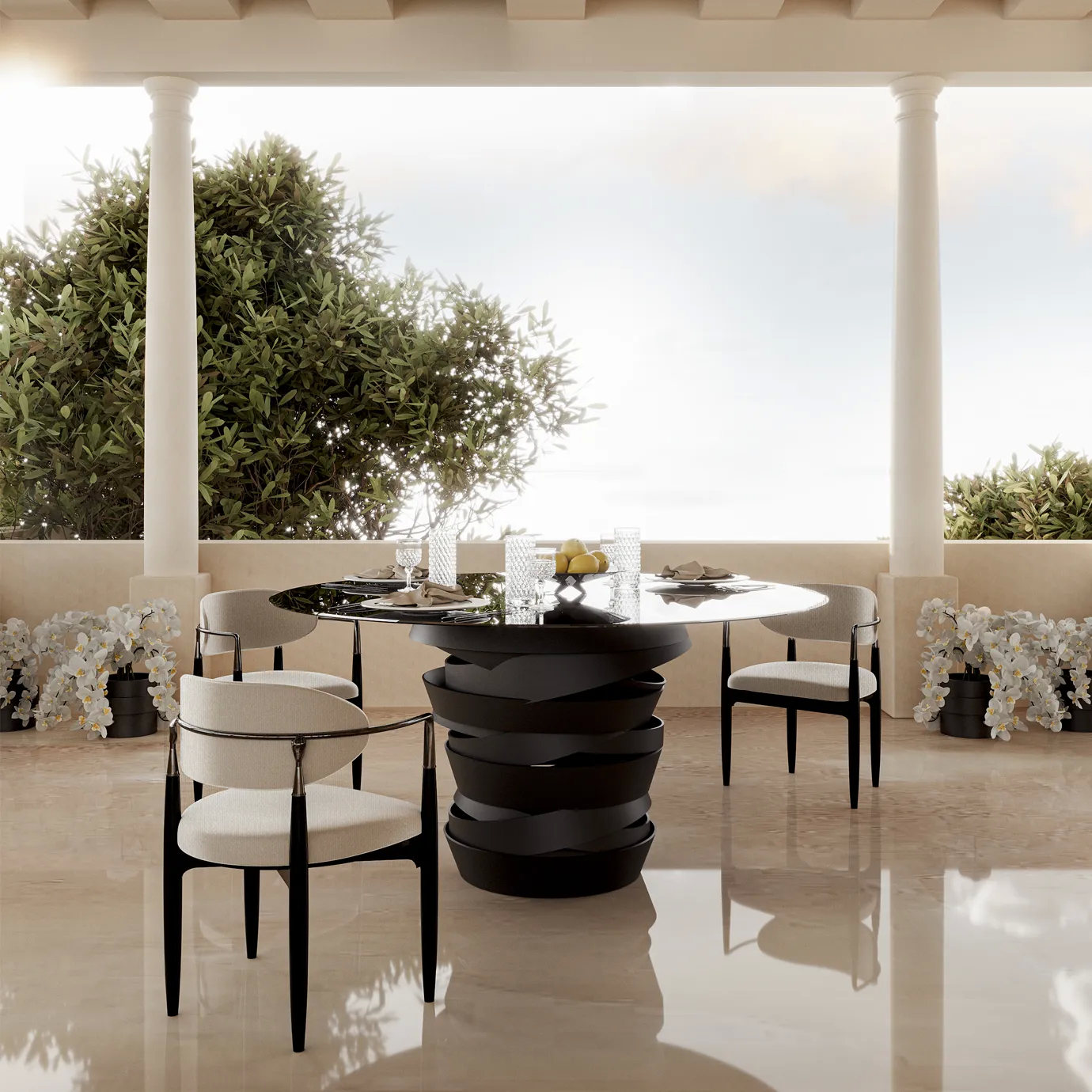 Nahema chairs with curved backrests and gold bases, styled around a modern dining table in a chic room.