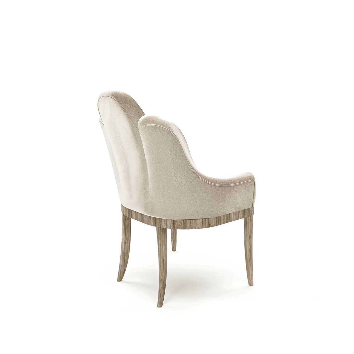 45-degree back view of Anastasia dining chair featuring a curved velvet backrest and slender gold legs.
