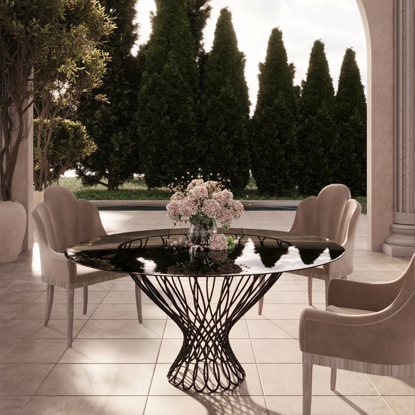 Anastasia dining chairs with plush velvet upholstery and gold legs, styled around a modern dining table in an elegant room.
