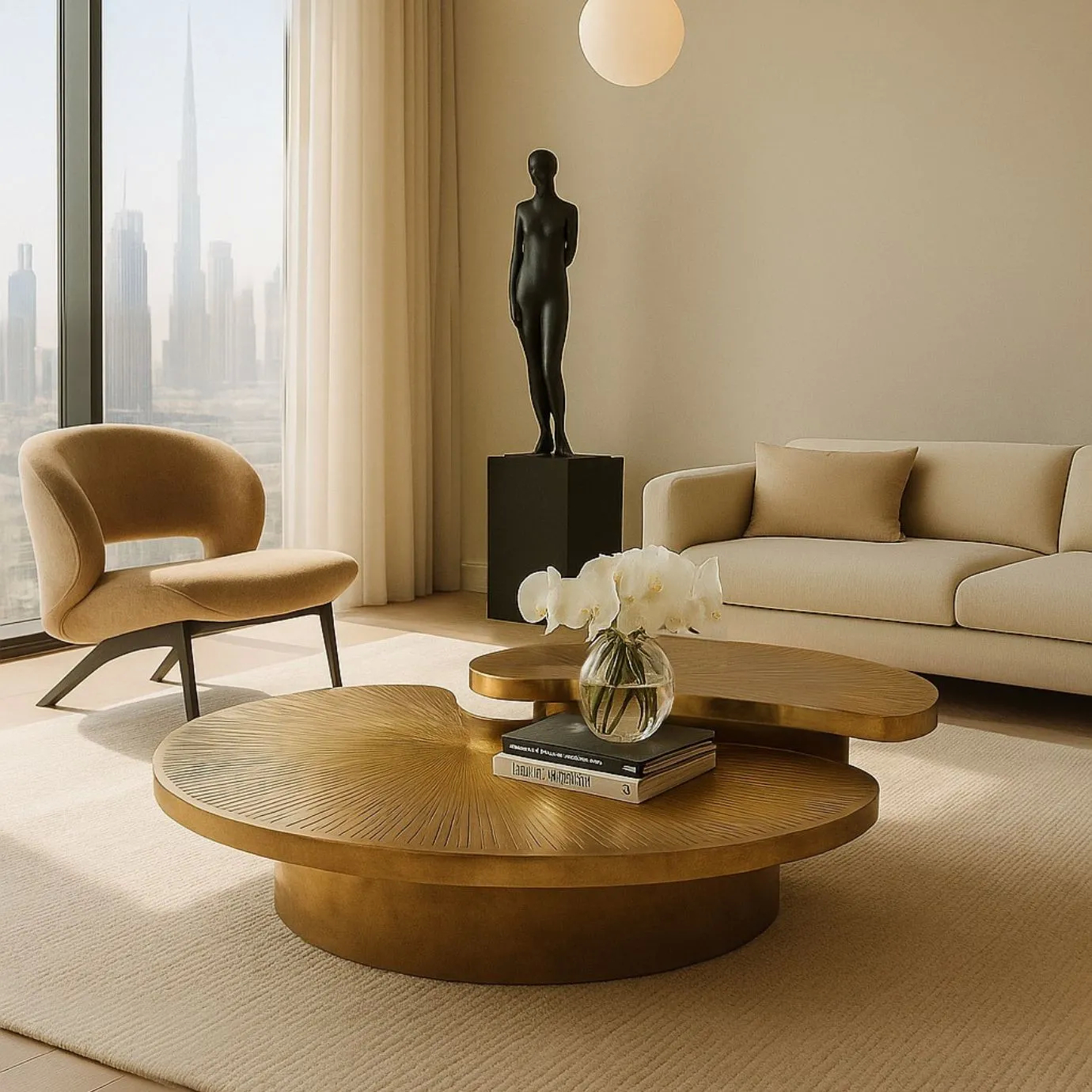 KOKET Myth Coffee Table in polished brass with radial textured detailing, centered in a luxury minimalist living room with neutral tones and a city view.