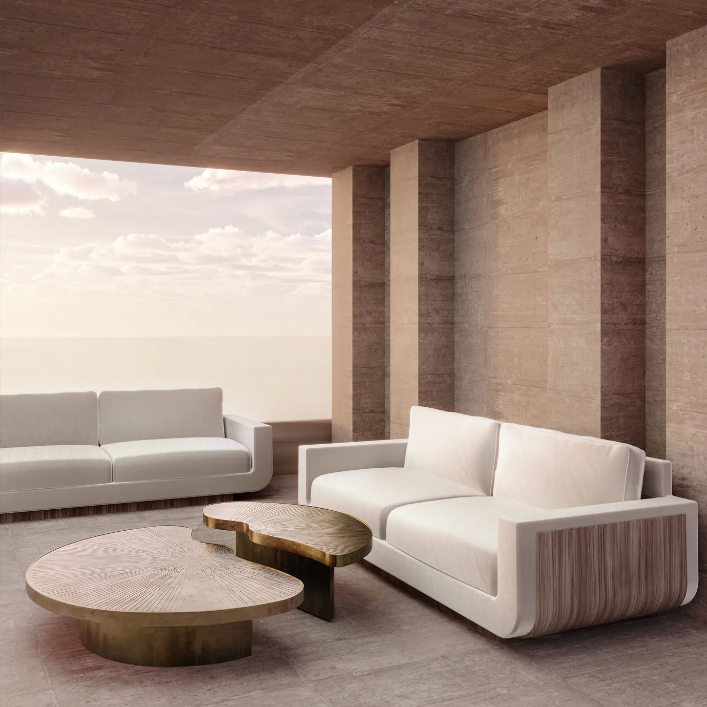 Myth Coffee Table with sculptural gold base and glass top, featured in a sophisticated contemporary living room.