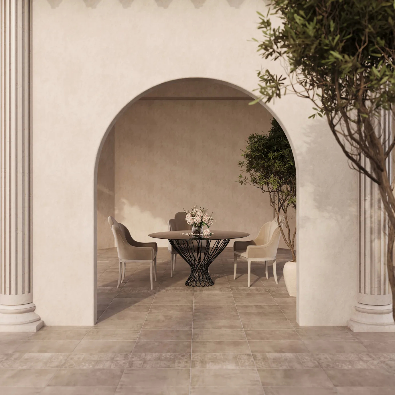 Allure Dining Table with elegant glass top and artistic gold base, showcased in a luxurious modern dining room.