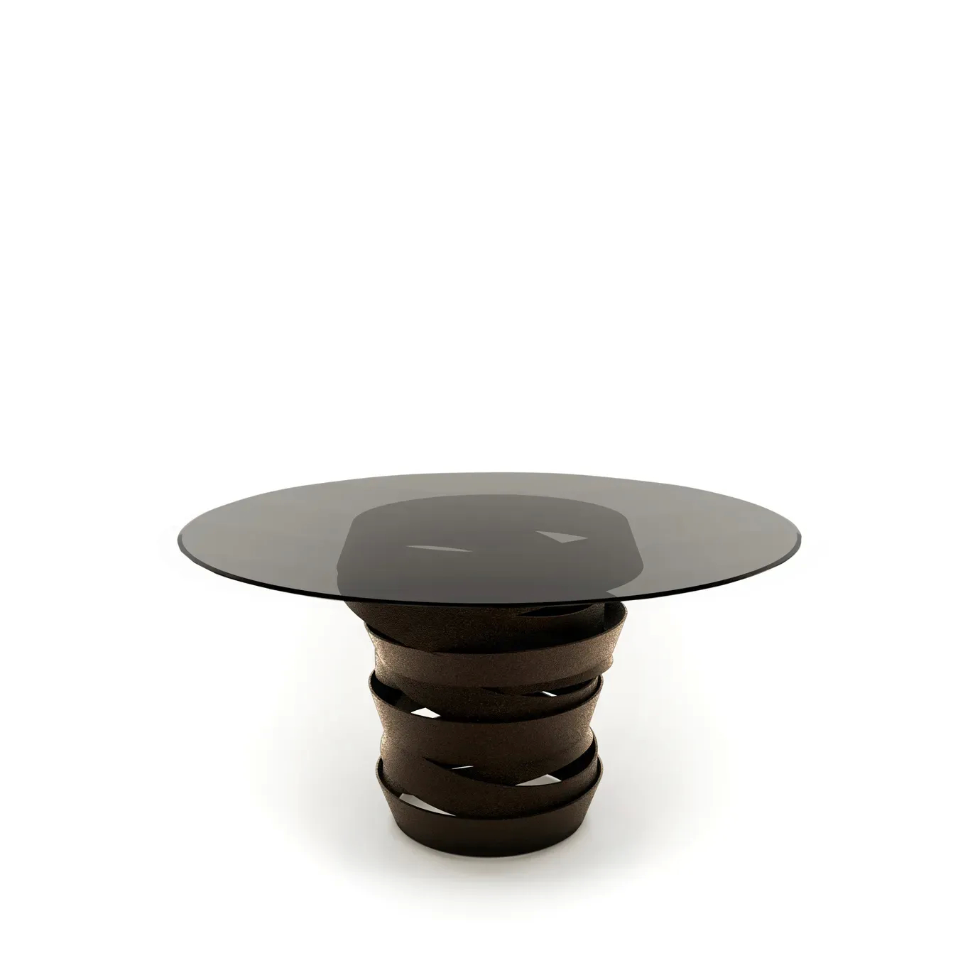 Intuition Dining Table: Smoked glass tabletop on a swirling brown metal structure.