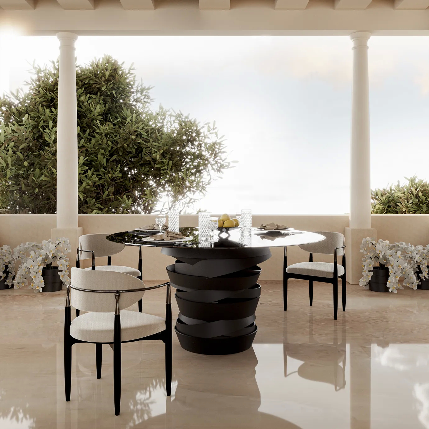 Intuition Dining Table with smoked glass top and swirling brown metal base, styled in an elegant dining room setting.