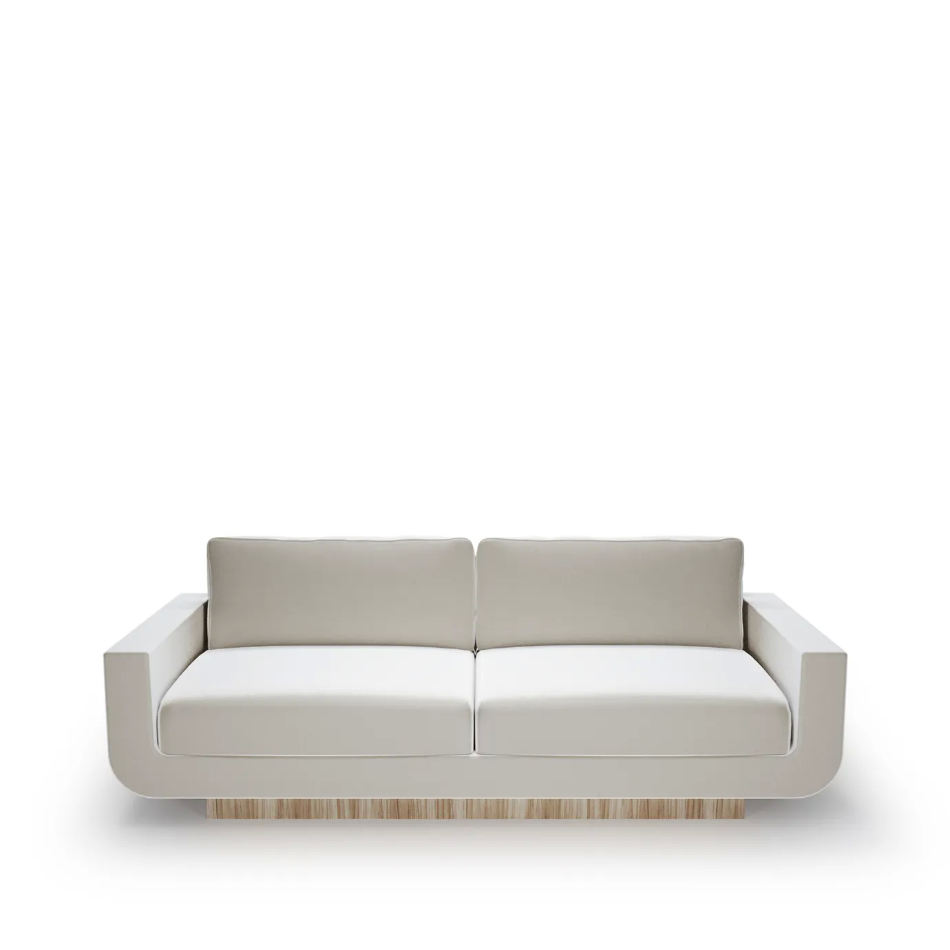 Front view of Sofia sofa featuring plush velvet upholstery, scalloped backrest, and sleek gold base.