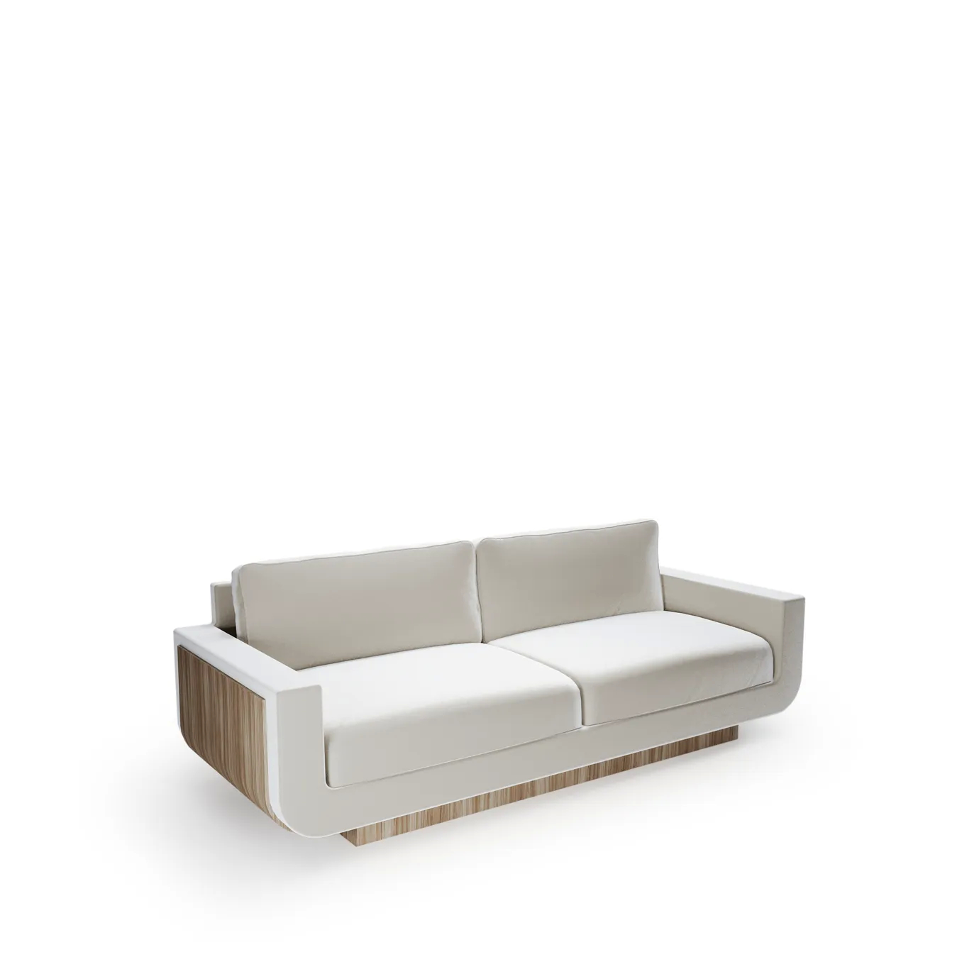45-degree view of Sofia sofa with plush velvet upholstery, curved backrest, and elegant gold base.