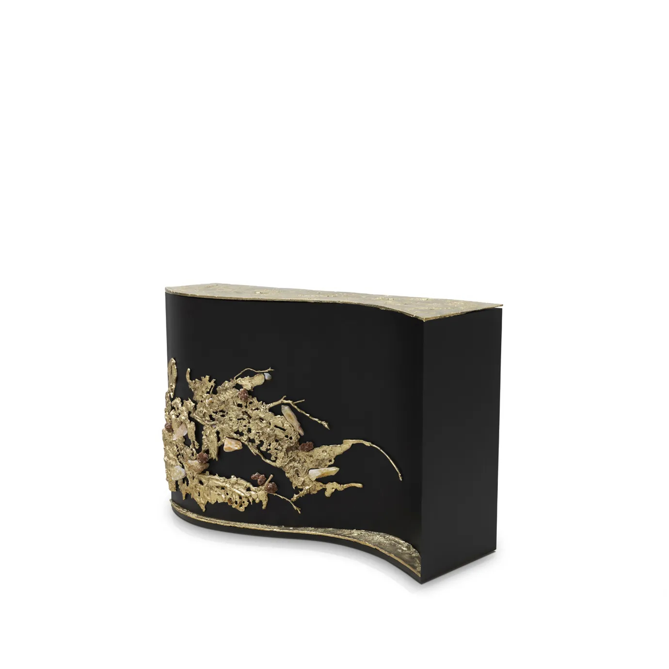 Angled side view of the Empress Console by KOKET, showcasing its curved black lacquered body and textured cast brass front with crystal inlays.