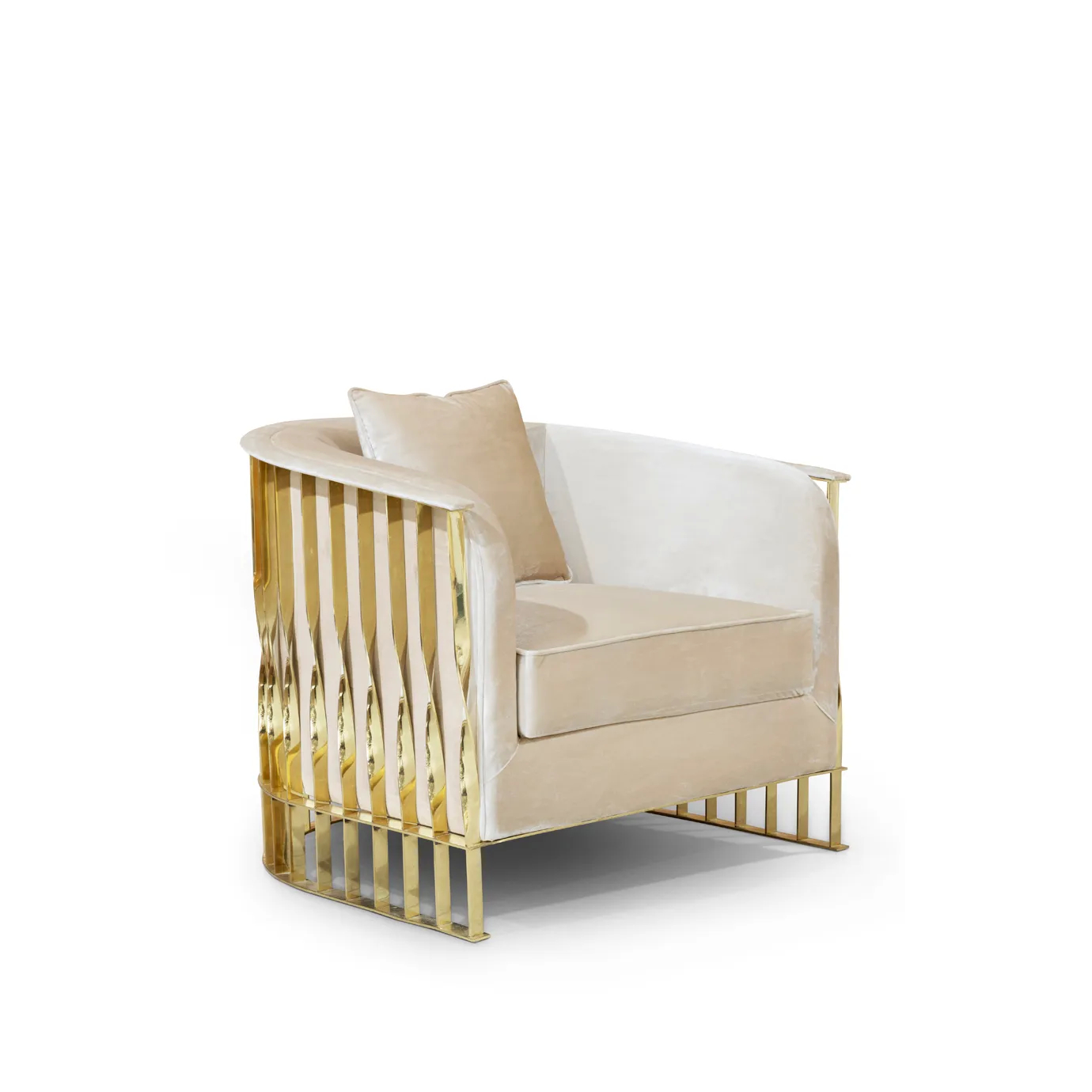 Mandy armchair with silky velvet upholstery, sleek curved backrest, and elegant gold frame.