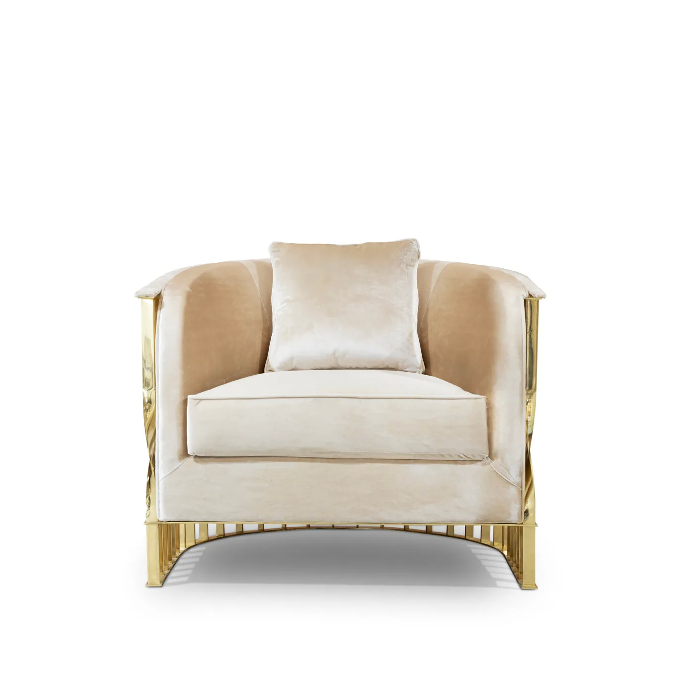 Front view of Mandy armchair with silky velvet upholstery, curved backrest, and sophisticated gold frame.
