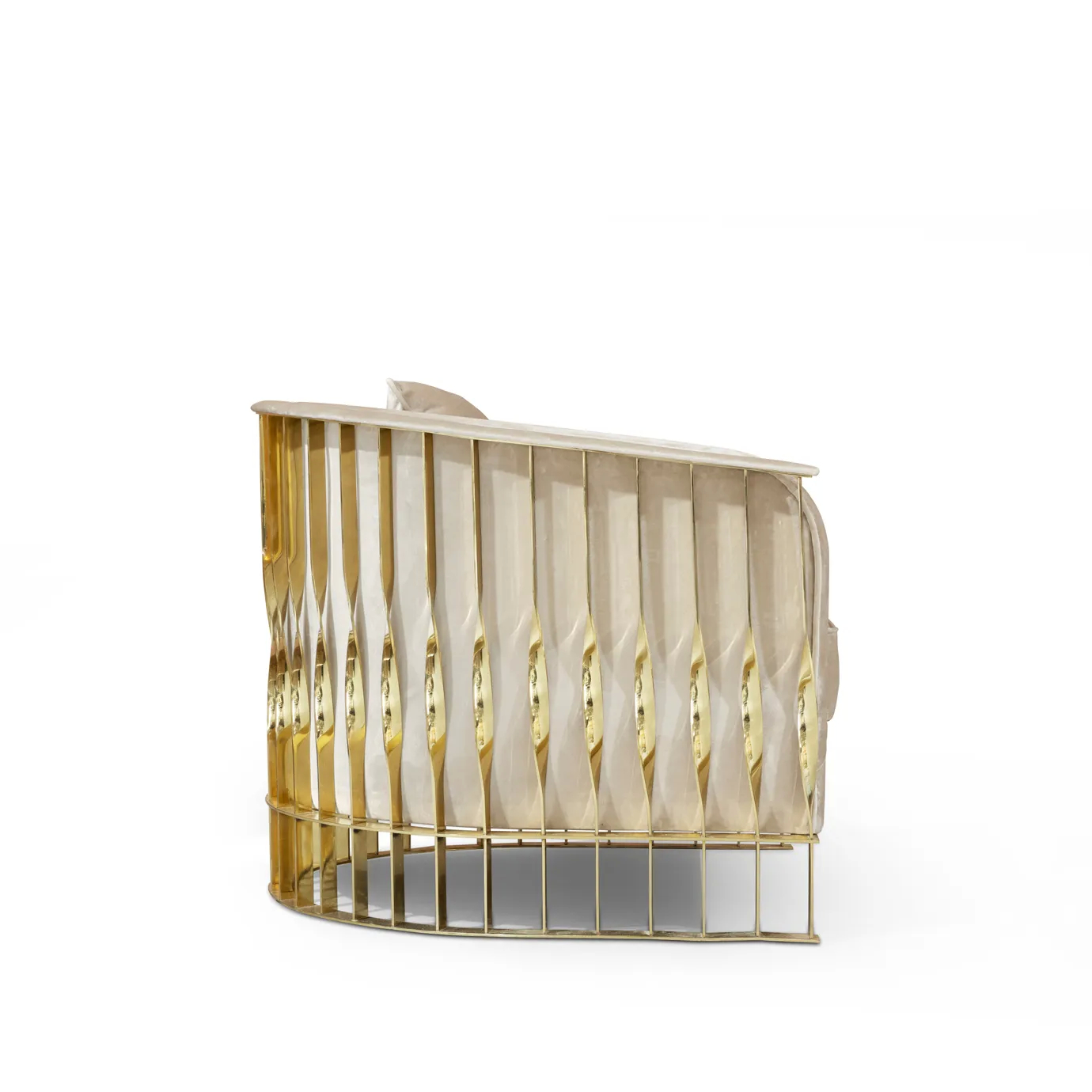 Side view of Mandy armchair showcasing its silky velvet upholstery, curved backrest, and elegant gold frame.