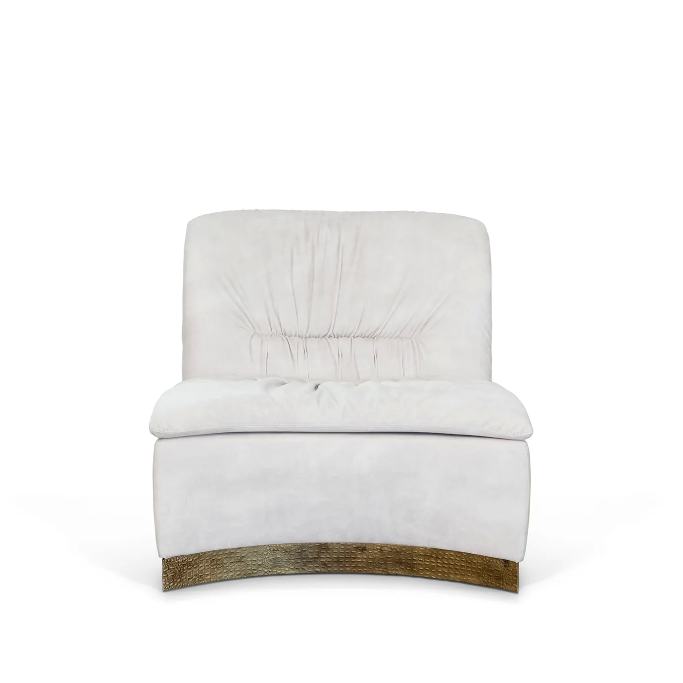 Front view of Cleopatra chair with elegant velvet upholstery, gold frame, and bold curved design.