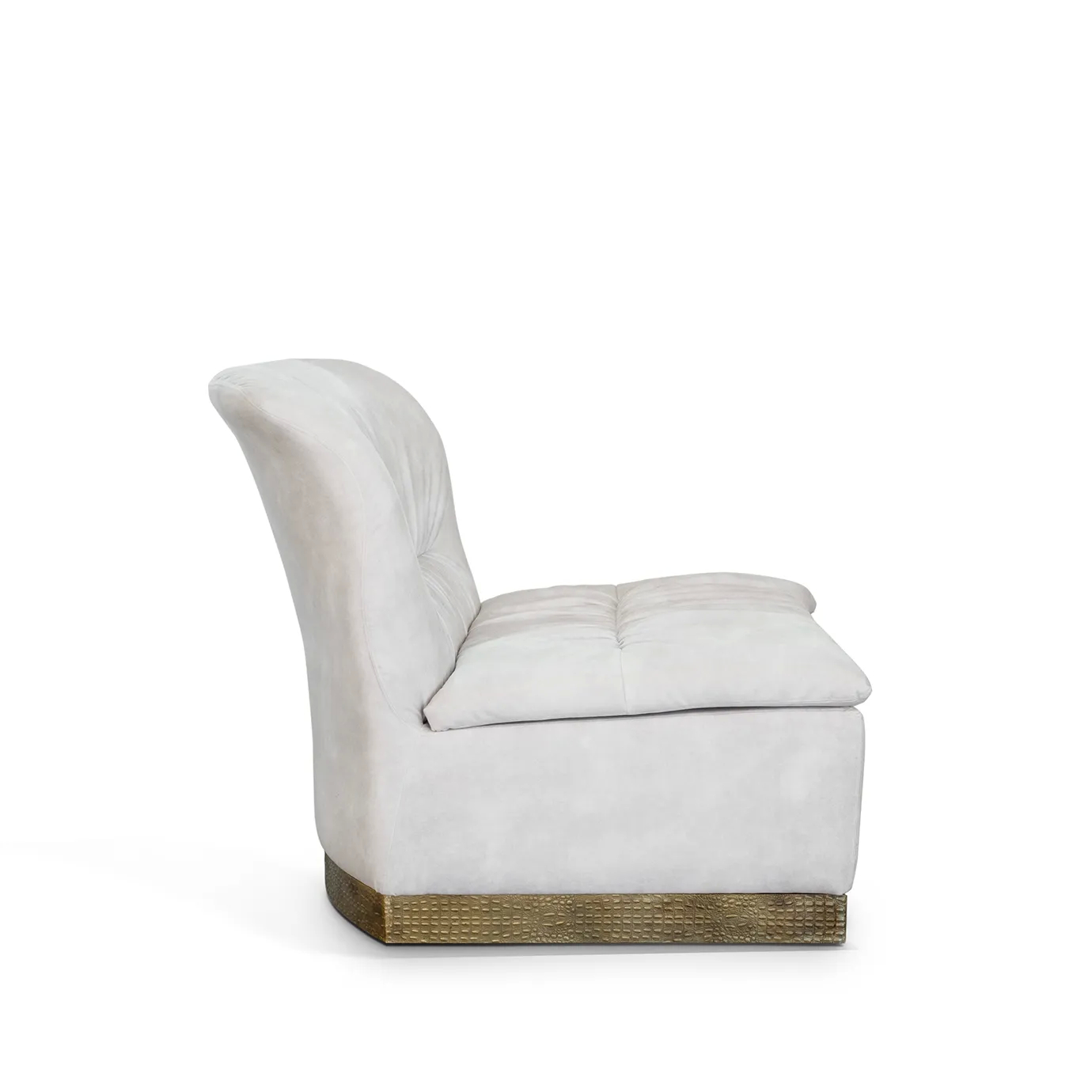 Side view of Cleopatra chair featuring a curved backrest, velvet upholstery, and sleek gold frame.