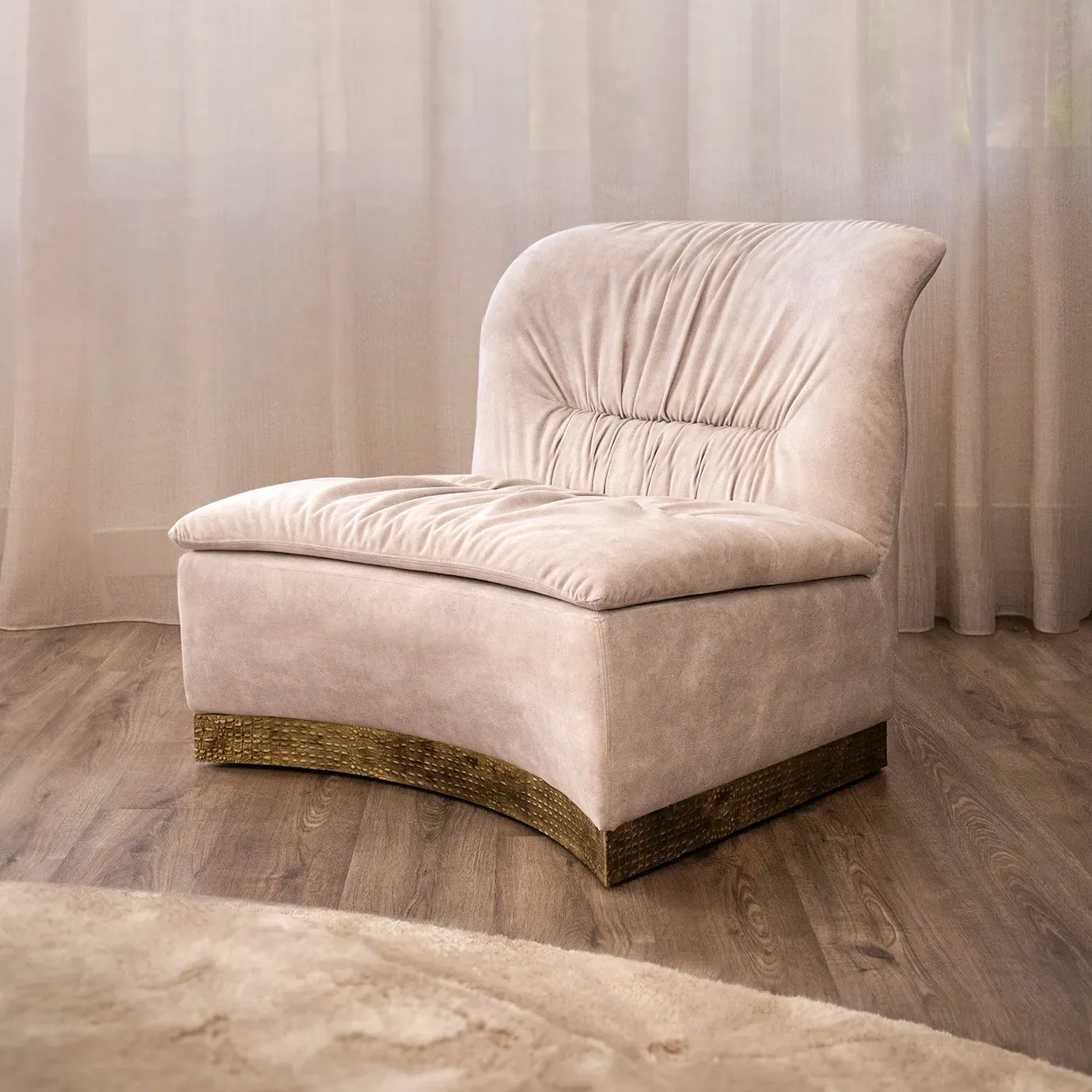 Cleopatra chair with velvet upholstery and gold frame, styled in a chic interior setting with modern decor.