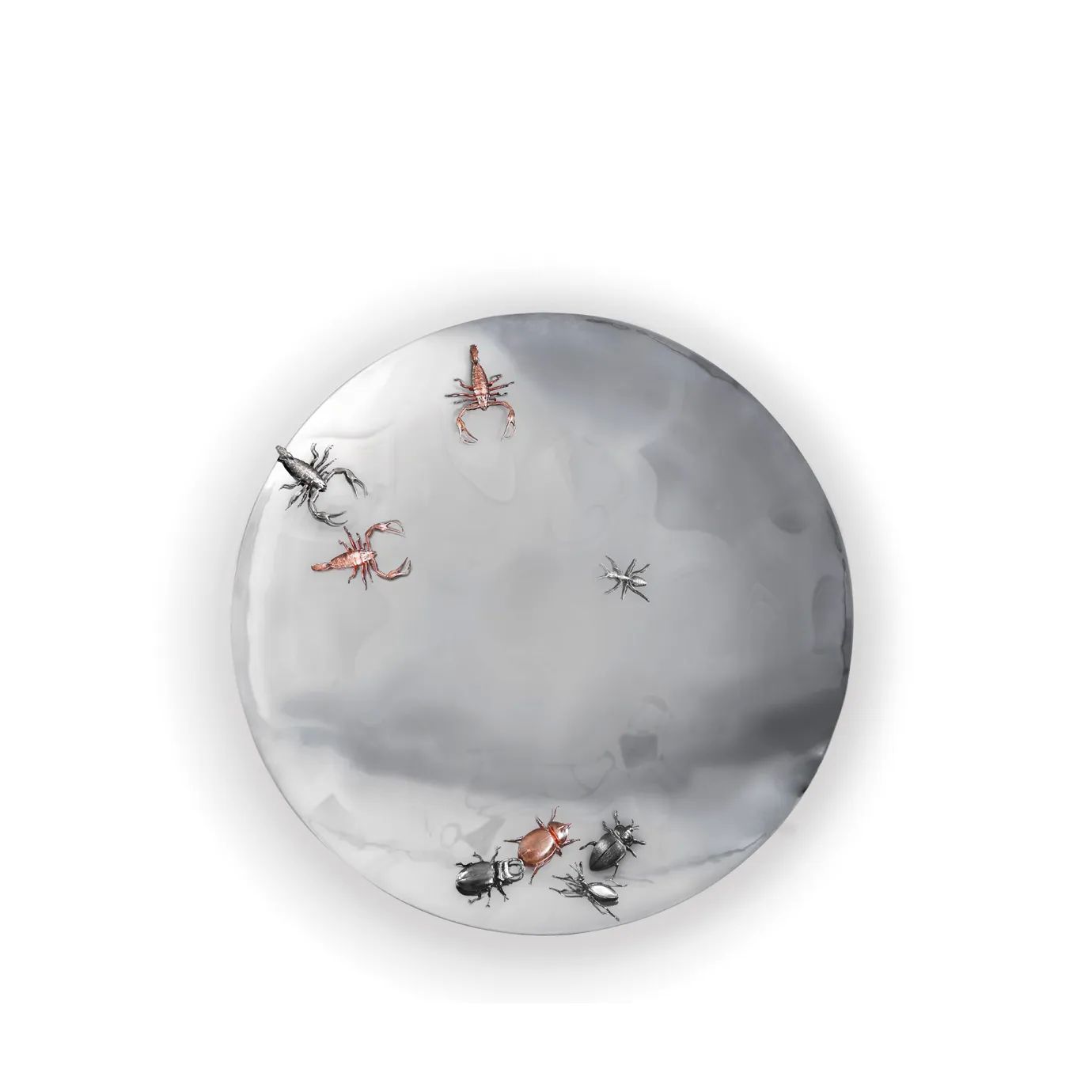 Round concave mirror with gold frame, adorned with sculpted insect motifs like butterflies and beetles.